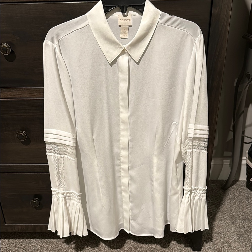 Chico's Ivory Button-Down Shirt with Pleated Sleeves